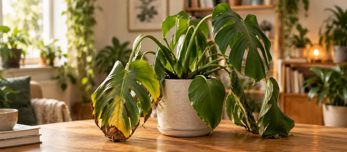 Monstera with limp, yellowing leaves and brown edges in a pot on a wooden table
