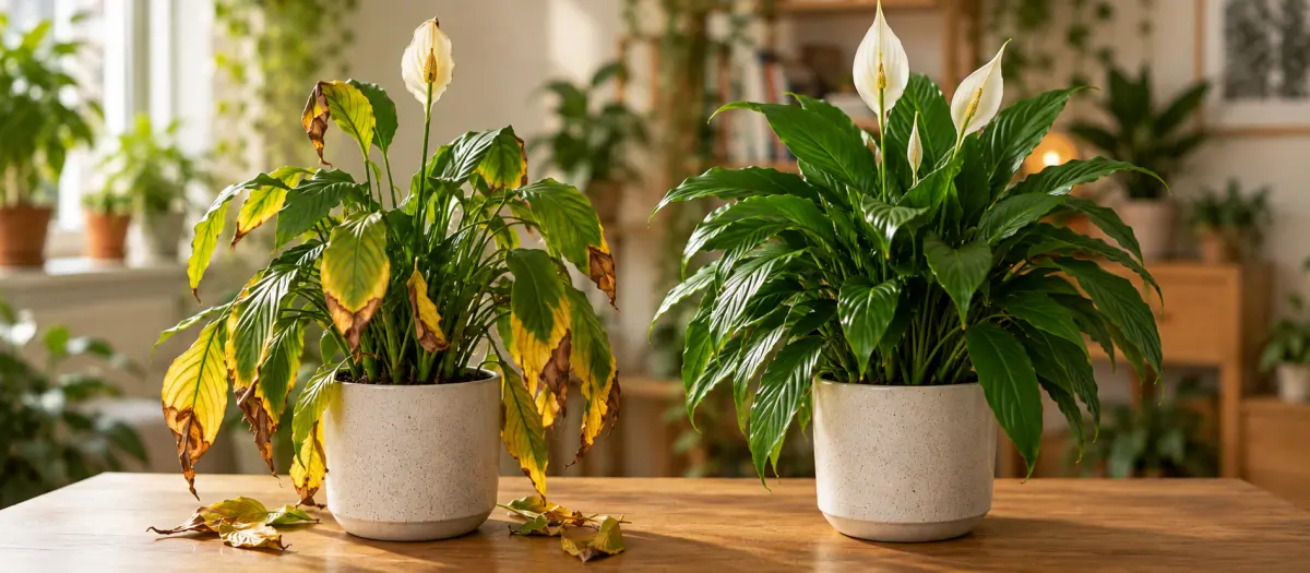 Two peace lilies side by side: on the left, a sick plant with yellowed, browning leaves; on the right, a healthy plant with glossy green leaves
