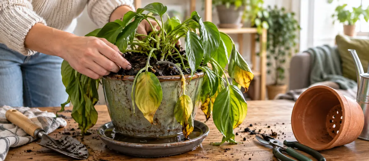 A person pressing their fingers into the soil of a plant with yellowing, limp leaves, whose saucer is full of water