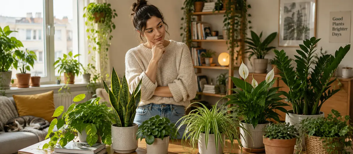 A thoughtful woman, hand on her chin, standing behind a table covered with easy-care houseplants
