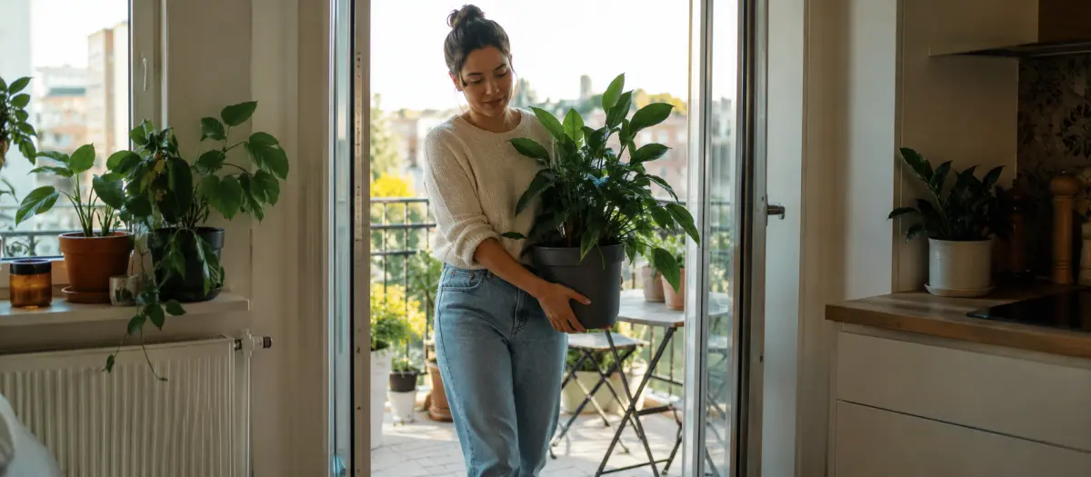A woman carrying a large potted plant from her balcony back into her apartment
