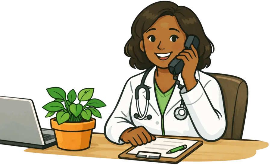 A plant doctor on the phone at her desk, next to a potted plant