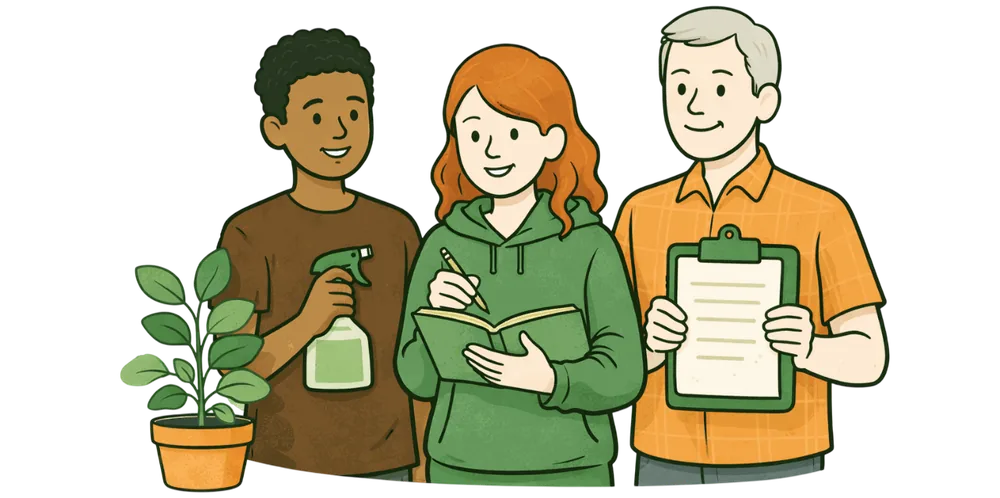 Three smiling people, one with a spray bottle, the others with a notebook of instructions