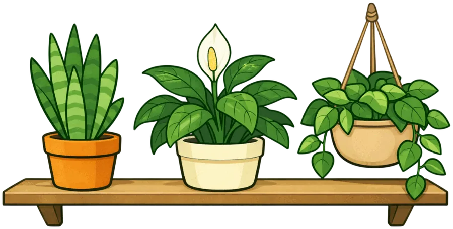 A shelf with three potted plants