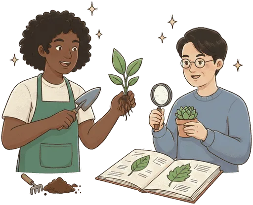 Two people examining plants, a magnifying glass and an open botany notebook