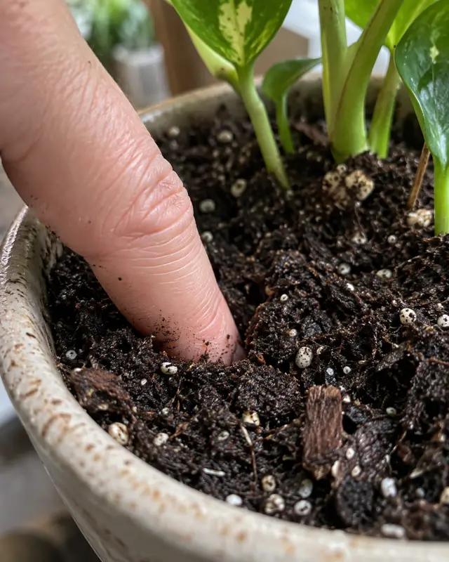 A finger pushed into the soil of a potted plant to check whether it is damp