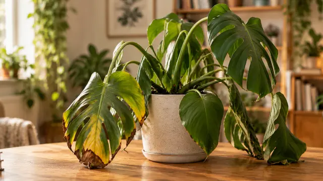 Monstera with yellowing, drooping leaves