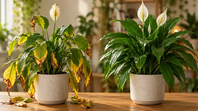 A sick peace lily next to a healthy one