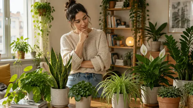 Woman surrounded by easy-care houseplants