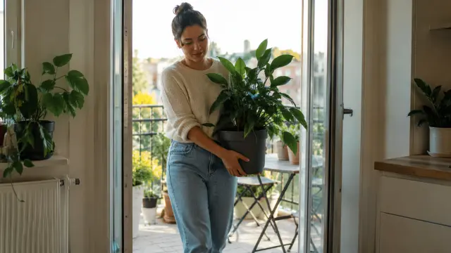 Woman carrying a potted plant in from her balcony